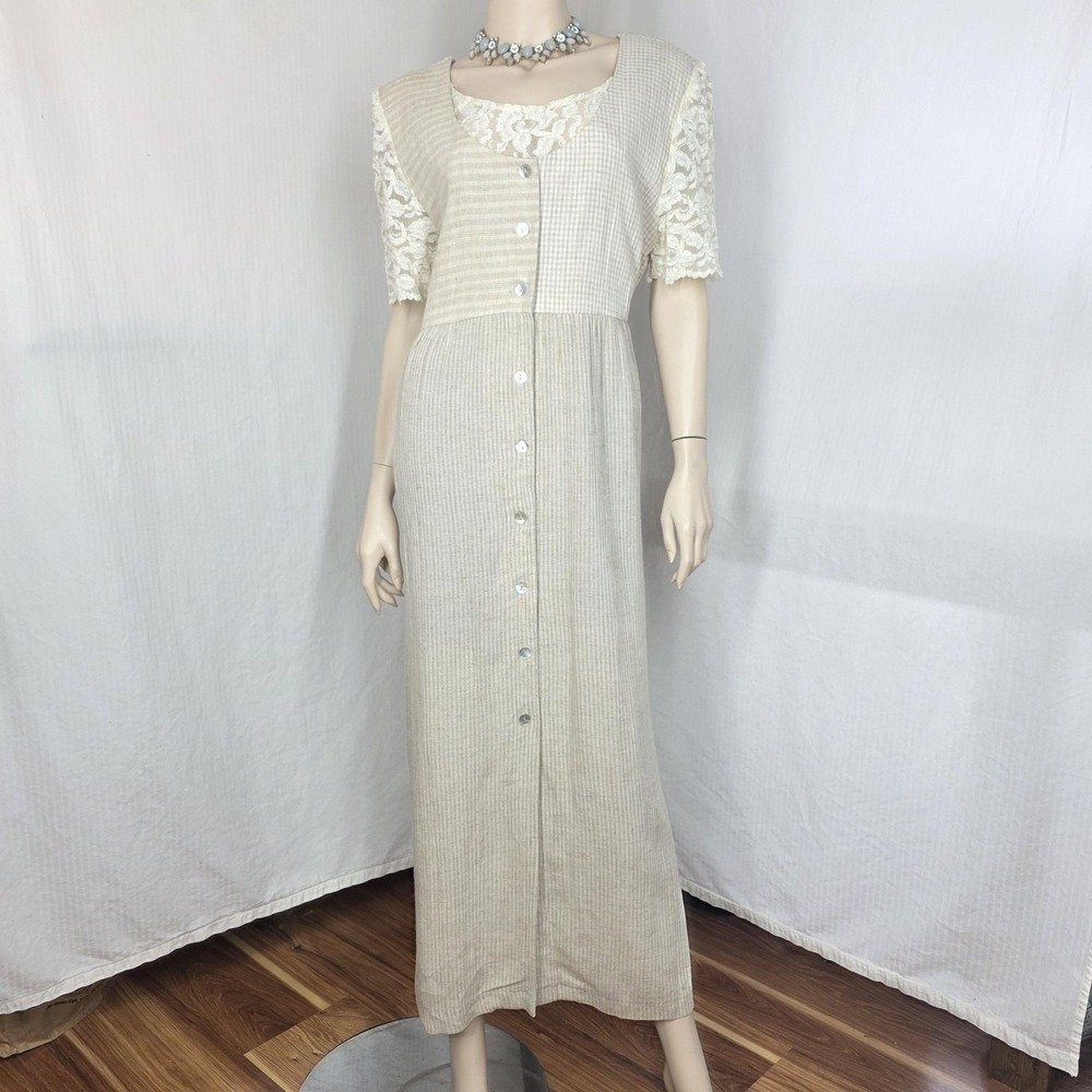Vintage K.C. Spencer Prairie Maxi Dress Womens 16 Button Down Lace Gingham Plaid